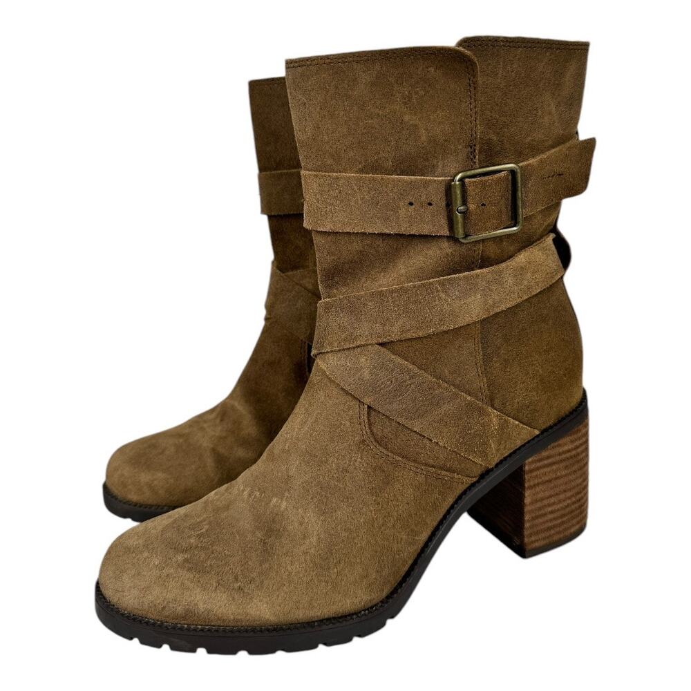 Clarks Malvet Doris Brown Suede Boots 8.5 Moto Buckle Stacked Heel Ankle Fall